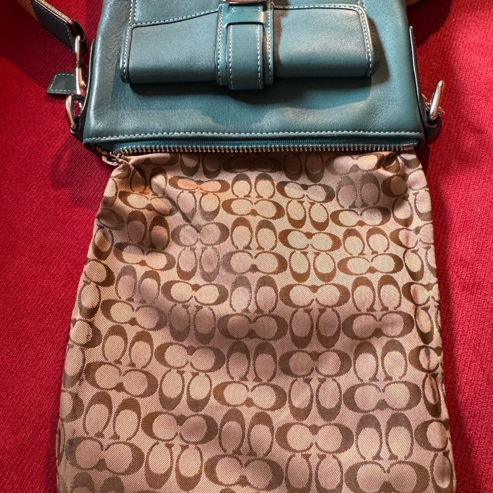 Coach Teal Crossbody Bag with Tan Web Adjustable Strap - Picture 9 of 13